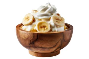 Banana pudding dessert with whipped cream in wooden bowl, isolated on white transparent background, concept of Papua New Guinea sweet treat