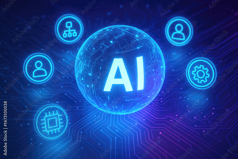 Poster glowing blue ai sphere surrounded by digital icons on circuit board background artificial intelligen