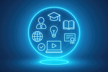 Glowing blue neon circle with digital learning icons on a dark background education knowledge