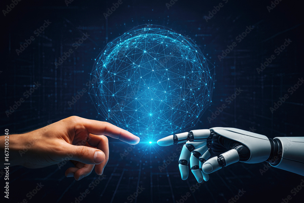 Poster human and robot fingers touching with glowing light in front of a digital globe artificial intellige
