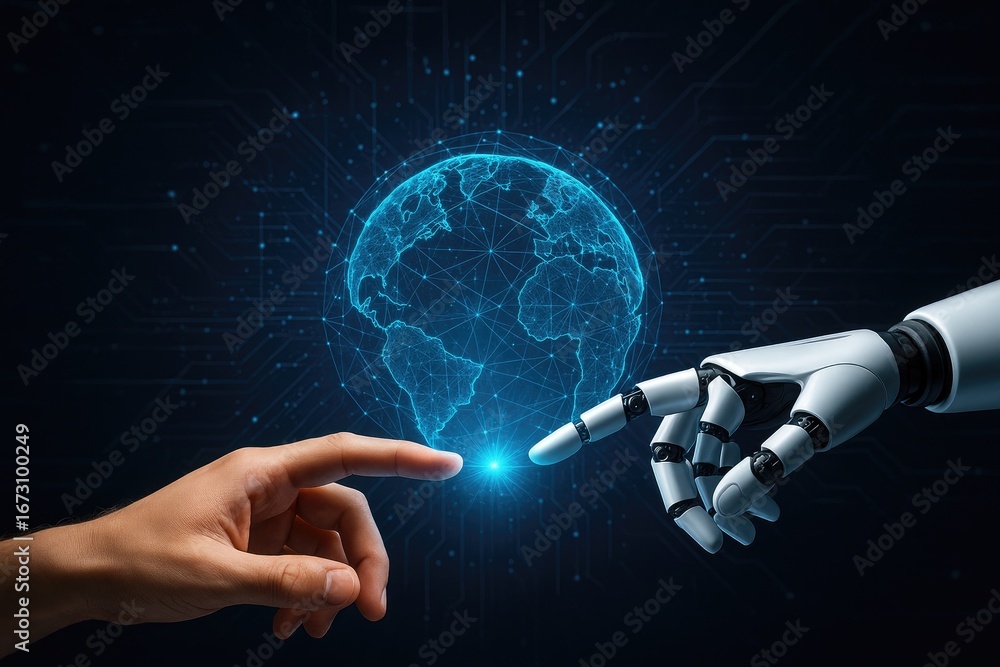 Poster human and robot fingers touching with glowing light in front of a digital globe artificial intellige
