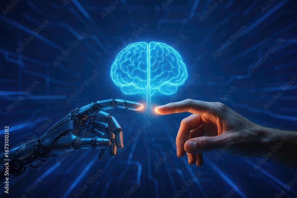 Poster human and robot hands reaching towards a glowing blue brain on a digital circuit background artifici