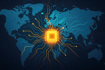 Glowing Orange AI Chip on World Map with Circuitry Keywords: AI, artificial intelligence, technology, chip, computer, processor, circuit, global, world map, network, data, digital, connection
