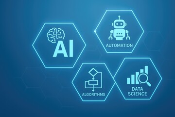 Fototapeta premium Hexagonal Icons for AI Brain Automation Algorithms and Data Science on Blue Background artificial intelligence