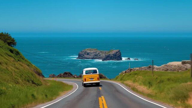 Yellow van drives on scenic coastal highway under bright sky, suitable for travel, road trip, summer vacation themed designs.