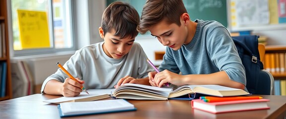 Two students studying together at a desk, books and pencils nearby,   middle school,  knowledge
