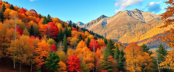 Fototapeta premium Vibrant autumn forest scene with colorful trees, fallen leaves, and majestic mountains, tranquil, scenery