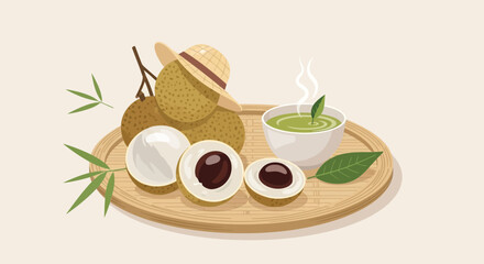 Longan Fruit Composition with Green Tea and Bamboo Elements, Calm Healthy Breakfast Design