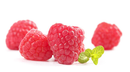 Fresh Red Raspberries with Mint on White Background