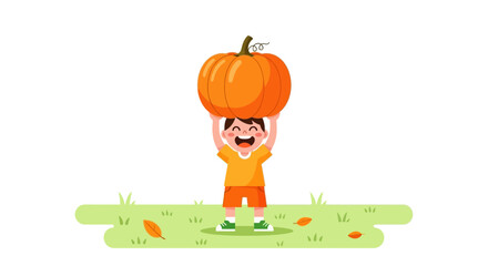 Fototapeta premium Joyful Youngster Lifting a Large Pumpkin High Above Their Head in Celebration