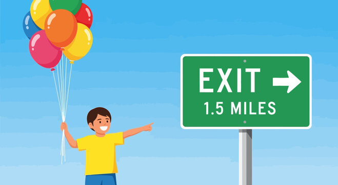 Joyful Youngling Points Towards Road Exit While Holding A Bunch Of Balloons