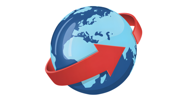 Global business growth with arrow spinning around the world map