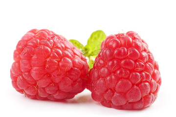 Fresh Red Raspberries with Green Leaves on White Background