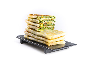 Savory Leek Pancakes Stacked on Black Plate White Background