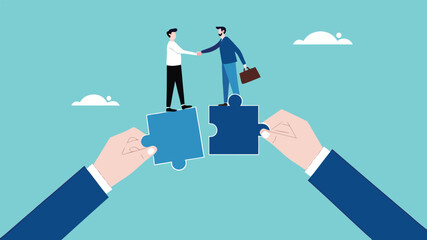 partnership or collaboration to success, teamwork to solve jigsaw puzzle, agreement with corporate, business people shaking hands to connect puzzles together concept vector illustration
