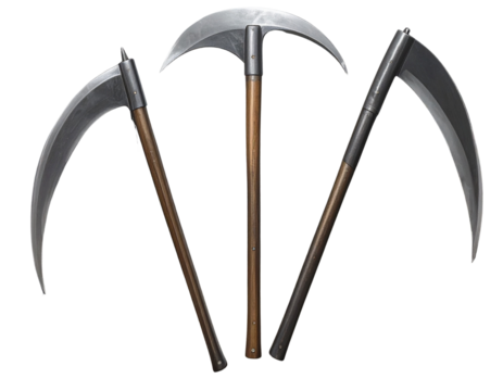 Modern Stylized Scythes in Minimalist Design, Clean Top-Down Arrangement, isolated on transparent background PNG - Powered by Adobe