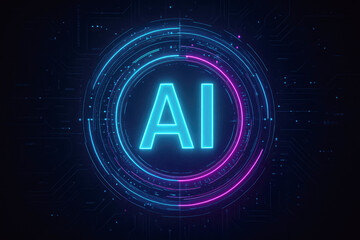 Neon AI logo with blue and pink glowing circular HUD elements and digital circuit background artificial intelligence