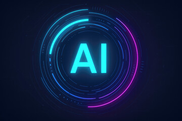Neon AI logo with blue and pink glowing circular HUD elements and digital circuit background artificial intelligence
