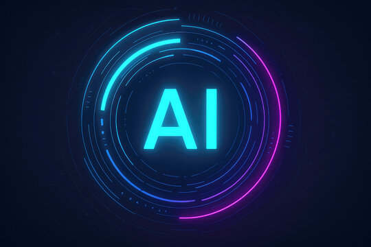 Neon AI logo with blue and pink glowing circular HUD elements and digital circuit background artificial intelligence