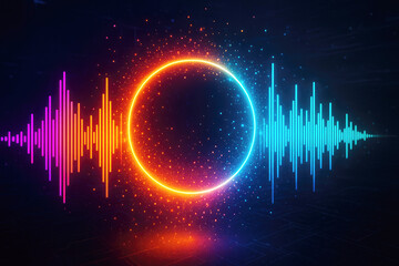 Neon glowing circle with sound wave equalizer and particles on dark background abstract audio
