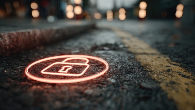 Neon padlock symbol glows on city street