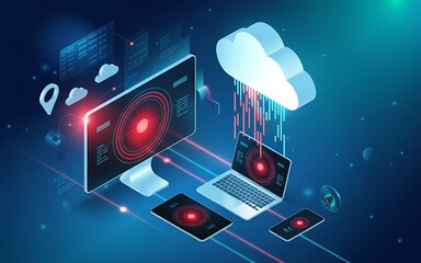 Modern isometric illustration of cloud computing connecting various devices like desktop computer laptop and tablets with glowing data streams