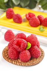 Fresh Red Raspberries in Wicker Basket - Healthy Berry Fruit Still Life Photography