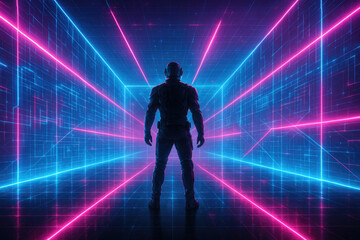 Silhouette of a person in a futuristic suit standing in a digital neon grid environment metaverse cyberspace