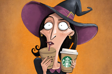Halloween witch character illustration holding coffee and drinks, funny cartoon style