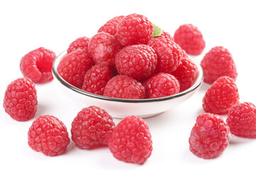 Fresh Red Raspberries in White Bowl on White Background