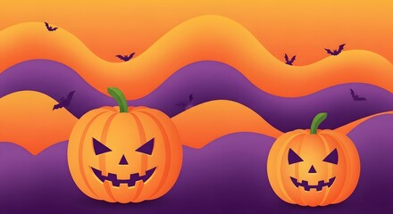 Fototapeta premium Halloween pumpkins with scary faces and bats on an orange and purple background.