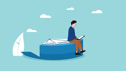 Part-time job, side job or small business, additional work outside working hours, division or tome management, work tracking system or day planning, businessman working using laptop over hours cut
