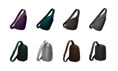 Sling bag lineup in colors; sling bag shown front and side, sling bag features zipper, strap, slim shape for carry and street style, product mockup for catalog, set, isolated, transparent background