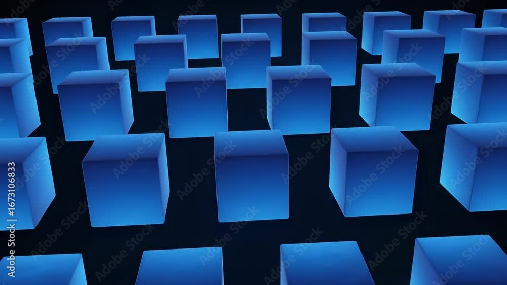 Poster illuminated blue cubes arranged in a grid, creating a modern and abstract digital design.