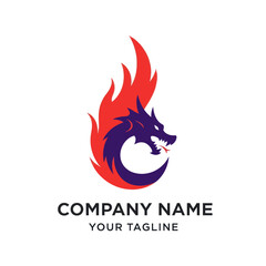 Stylized purple dragon head emerging from red flames, forming a dynamic logo design for a company brand identity.