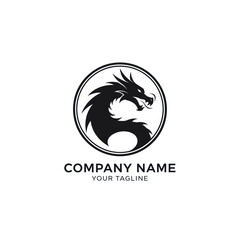 Stylized black dragon logo design with a fierce expression, coiled within a circular frame, suitable for a company brand.
