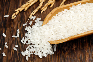 Long Grain Rice in Wooden Scoop with Wheat Stalks Studio Shot on Dark Wood Background