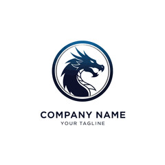 Obraz premium A detailed logo design featuring a dark blue dragon head inside a circular frame, representing a company.