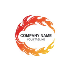 Circular flame logo design with a vibrant red and orange gradient, featuring placeholder text for company name and tagline, ideal for energetic branding.