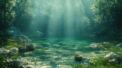 Obraz premium Sunlit Forest Stream With Lush Greenery And Mossy Rocks