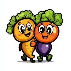 Obraz premium Cheerful cartoon vegetables embrace friendship in colorful illustration playful style studio setting