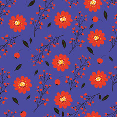 Seamless Floral Pattern with Red Flowers, Branches, and Leaves on Blue Background. Decorative botanical design for textiles, wallpapers, and packaging.