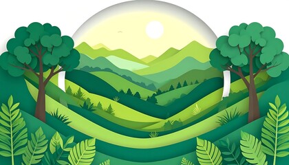 Paper-Cut Landscape of Green Mountains and Lush Forests, A Serene Paper Art Scene Featuring Rolling Hills and Vibrant Greenery