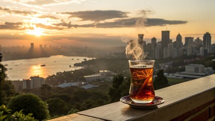 Glass of Infused Herbal Tea at Sunset with City View 