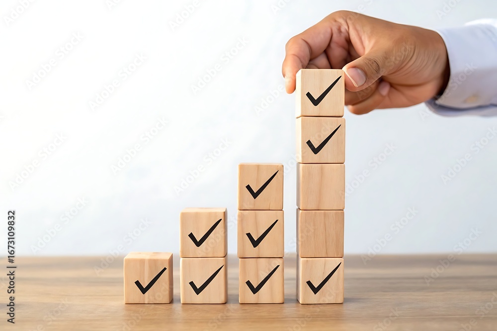 Aufkleber hand placing a wooden cube with a checkmark icon on a stacked column of cubes representing progress 