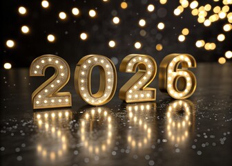 Golden illuminated 2026 numbers with bokeh lights, celebrating the new year