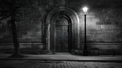 Ornate door in aged brick wall, illuminated at night by a street lamp on a cobblestone path