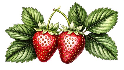 Two ripe strawberries with green leaves