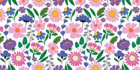 Colorful Seamless Floral Pattern with Pink, Blue, and Purple Flowers on White Background. Vibrant botanical backdrop for textiles, cards, wallpapers, and packaging.