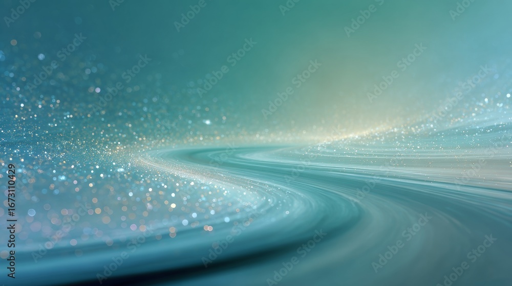 Poster serene abstract blue background with gentle curved path leading to soft glowing light, smooth gradie